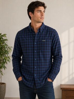 Columbia Blue Black Plaid Button Down Shirt 100% Cotton | Men’s Large